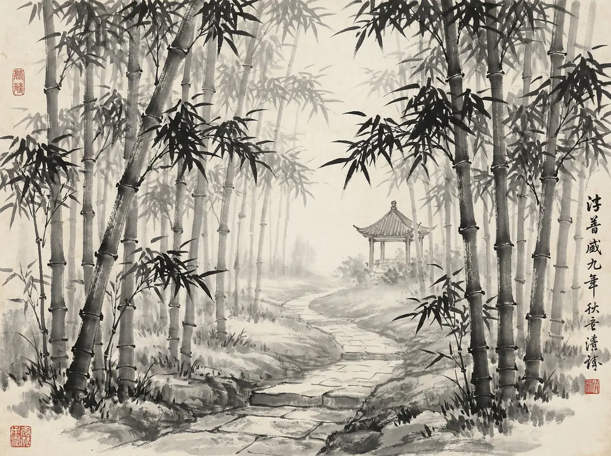 澳门六合彩金沙国际竹林小径水墨画展示宁静禅意