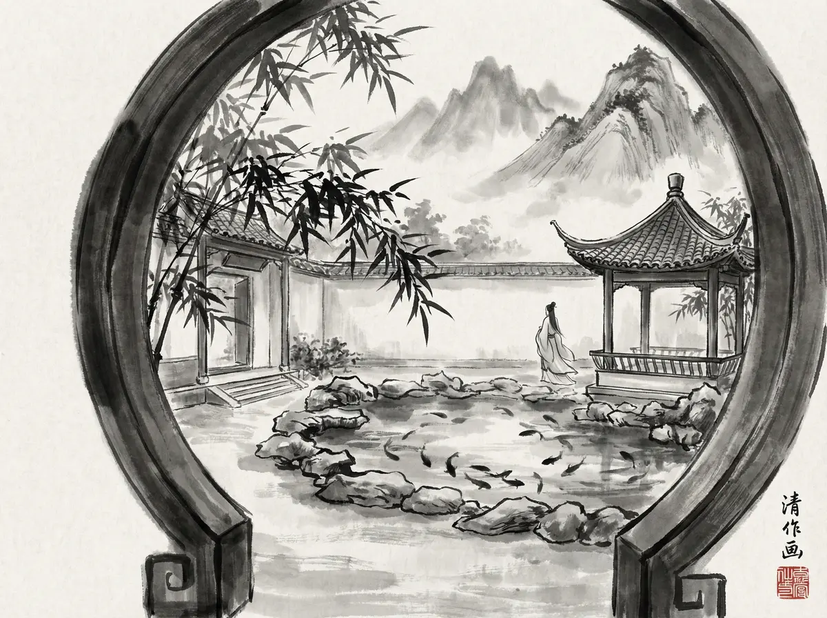 澳门六合彩水墨风格中式园林酒店庭院全景