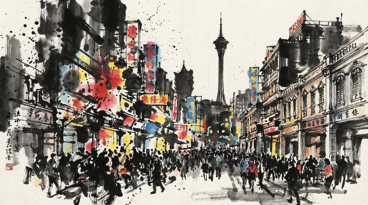 澳门六合彩澳门娱乐城繁华夜景水墨画