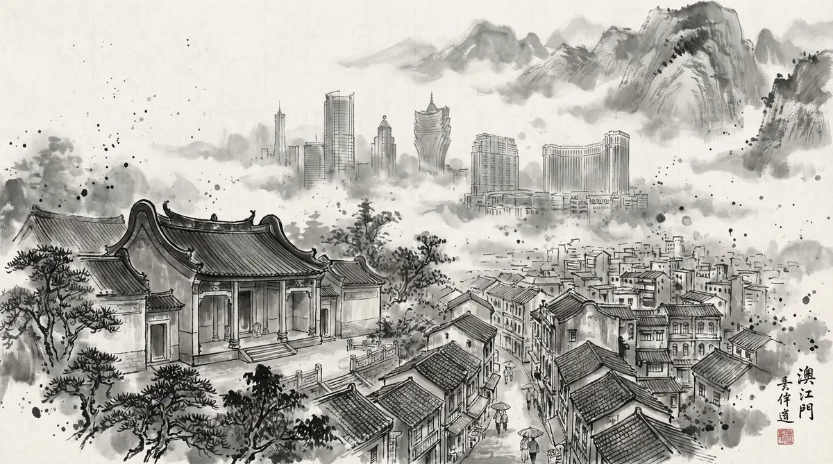 澳门六合彩水墨国风全景画卷展现澳门古老街巷与现代酒店建筑群