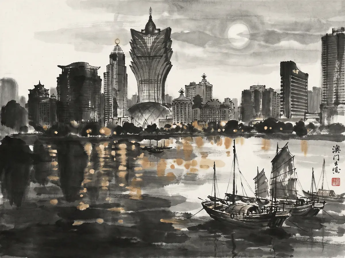 澳门六合彩澳门夜景水墨画展示新葡京与城市天际线