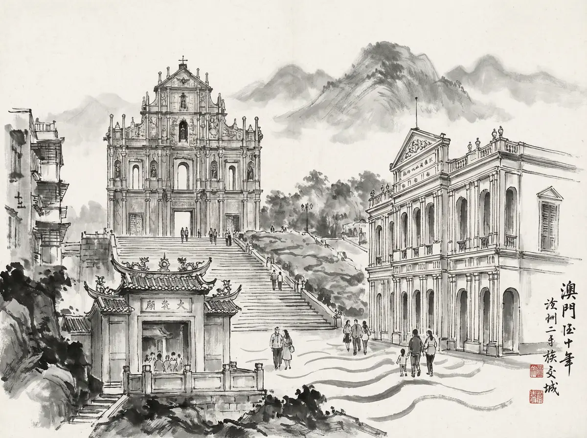 澳门六合彩推荐澳门大三巴牌坊水墨画风格旅游景点